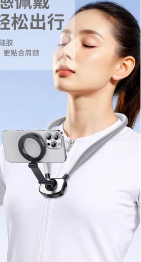 Person wearing a neck-mounted hands-free phone holder